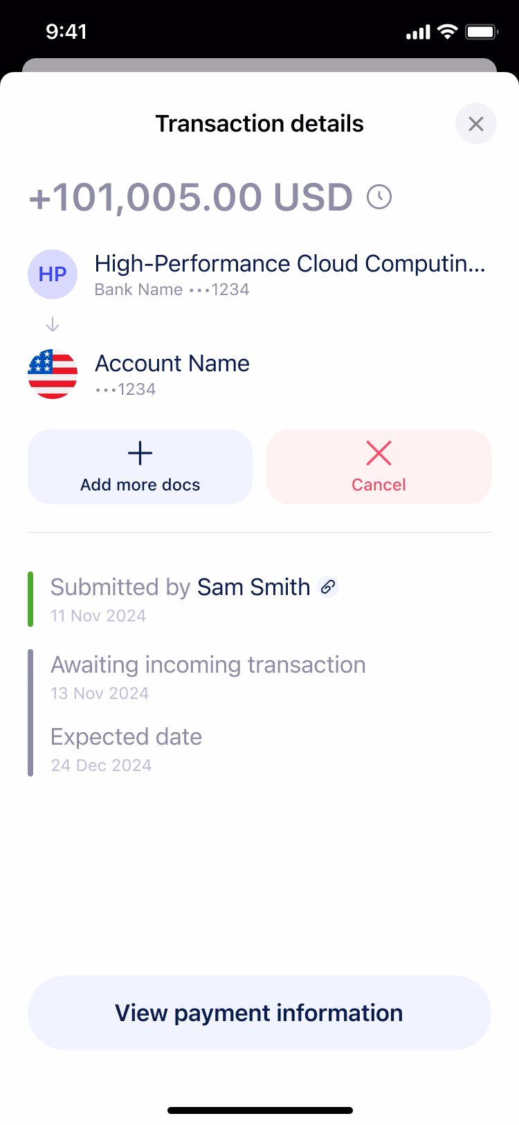 Shipped app: incoming transfer