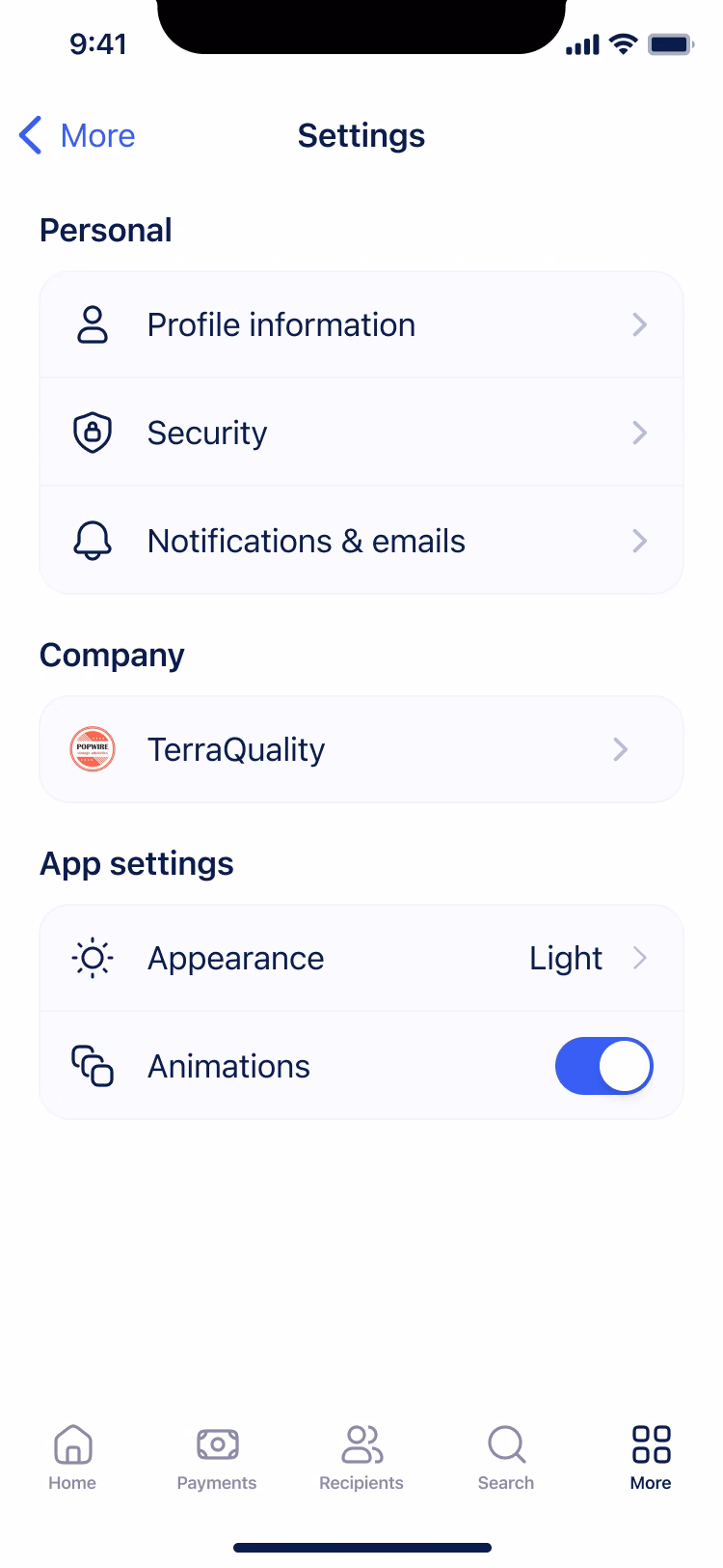 Shipped app: settings