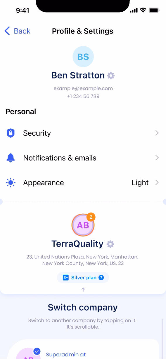 App: profile and settings