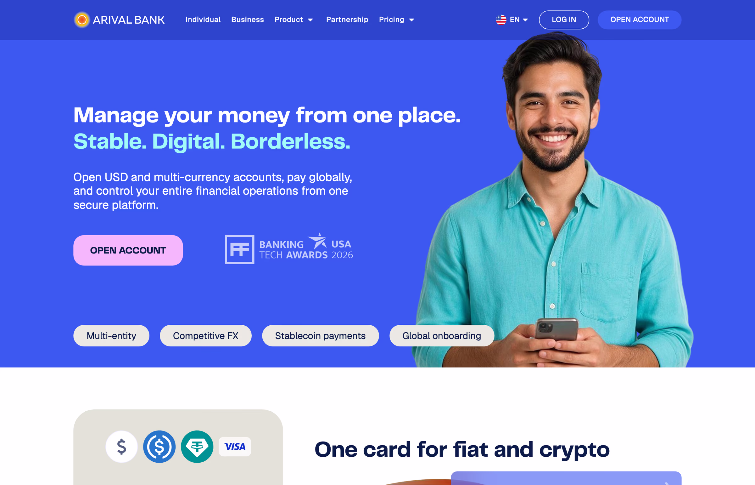 Individual page hero: blue background, headline and a person holding a phone