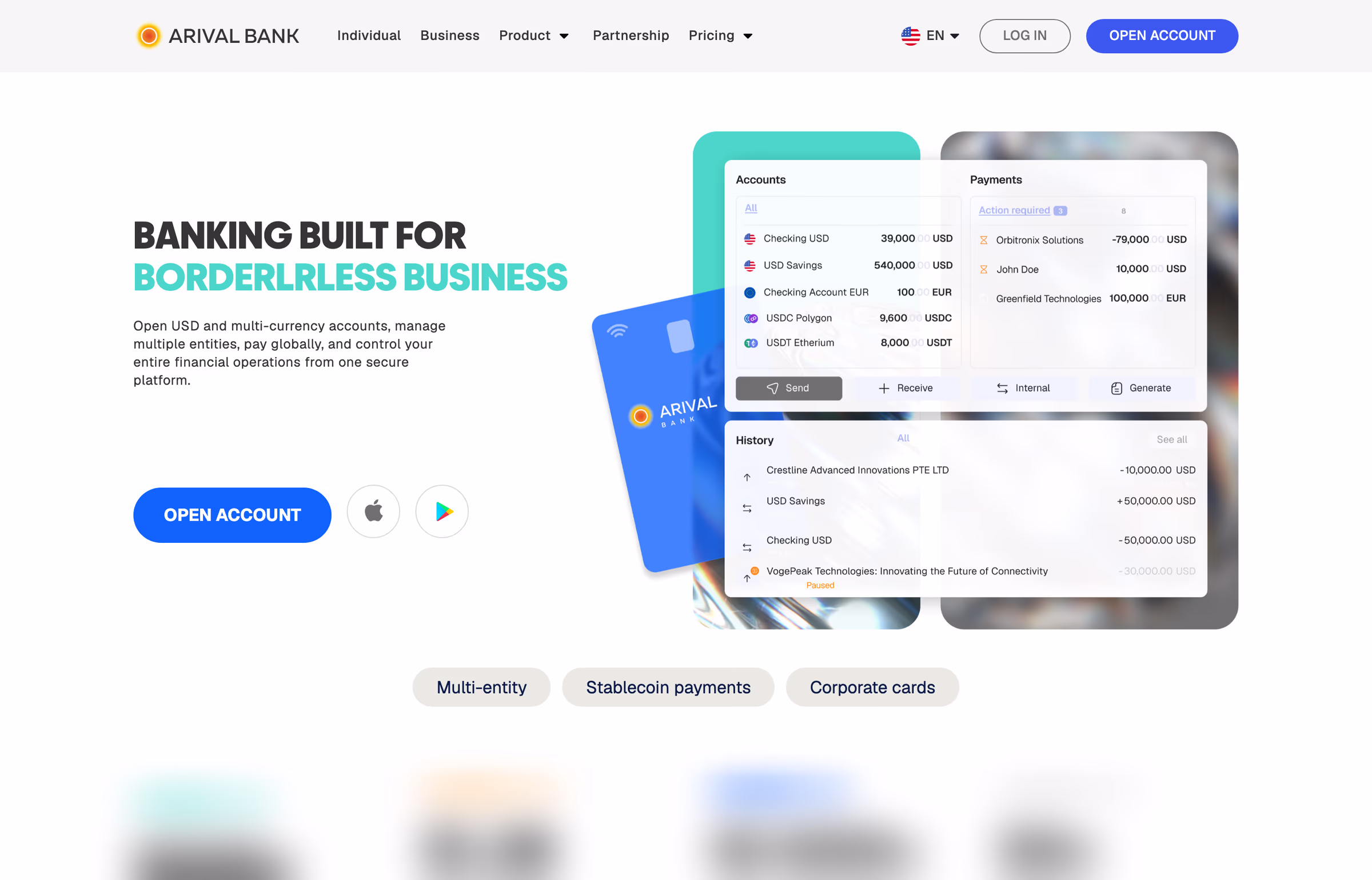 Business page hero: capitalised headline, open account button, card and the web app