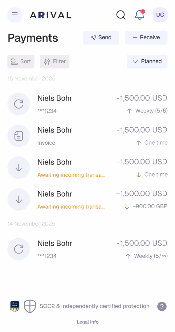 Mobile web: planned payments