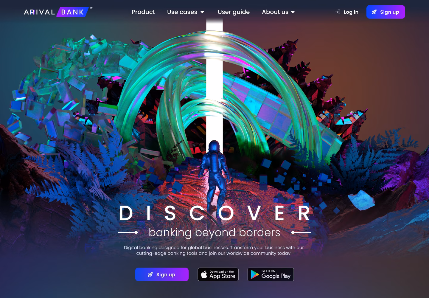 2022–2024 hero: Discover, banking beyond borders, over dark 3D artwork
