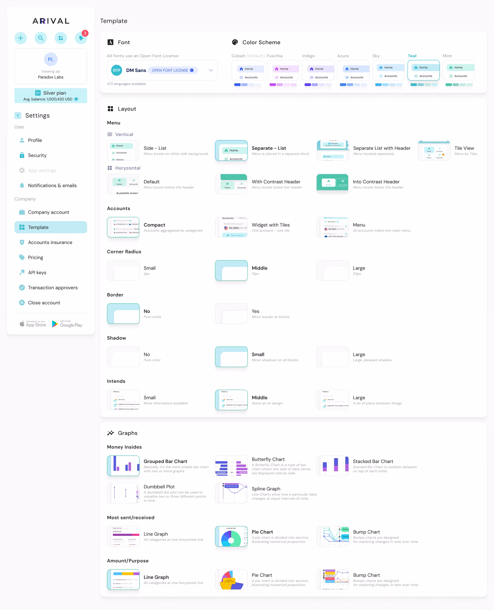 Settings, Template: font, colour scheme, layout, corner radius, border, shadow, indents and graphs on one page